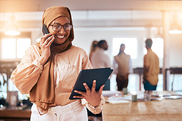 Image showing Phone call, tablet and muslim woman in office for happy multitasking, startup business and workflow management. Professional islamic person in hijab with digital technology and online communication