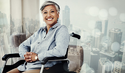 Image showing Disability, smile and portrait of old woman in wheelchair for healthcare, retirement and rehabilitation. Happy, medical and life insurance with elderly female for therapy, surgery and healing