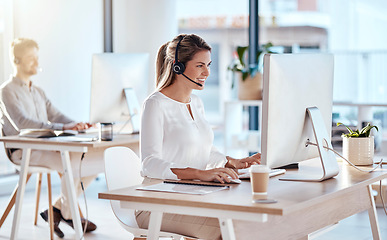 Image showing Call center, computer and consulting with woman in office for customer service, technical support and advice. Technology, contact us and communication with happy employee operator in help desk agency