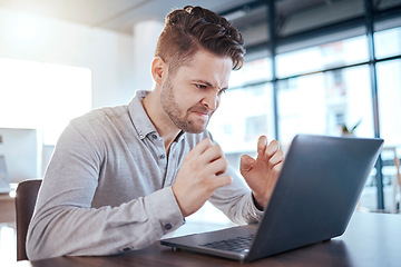 Image showing Business man, angry or stress and laptop glitch in office while frustrated with internet or connection. Male entrepreneur with anger, depression and mental health problem or online error or mistake