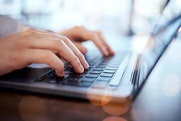 Image showing Hands typing, man and laptop on desk with internet research for writing online article for social media news. Remote work, freelance writer and blog, content marketing with hand on computer keyboard.