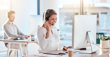 Image showing Call center, computer and listening with woman in office for customer service, technical support and advice. Technology, contact us and communication with employee operator in help desk agency