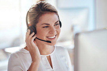 Image showing Call center, computer and smile with woman in office for customer service, technical support and advice. Technology, contact us and communication with happy employee operator in help desk agency
