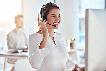 Image showing Call center, computer and friendly with woman in office for customer service, technical support and advice. Technology, contact us and communication with employee operator in help desk agency