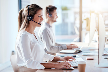 Image showing Call center, computer and business with woman in office for customer service, technical support and advice. Technology, contact us and communication with employee operator in help desk agency