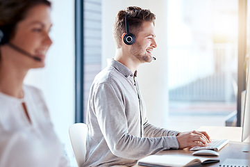 Image showing Call center, computer and consulting with man in office for customer service, technical support and advice. Technology, contact us and communication with employee operator in help desk agency