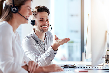 Image showing Computer, collaboration and call center with a consultant team working in customer service for support. Teamwork, crm or contact us with a man and woman employee at work in a consulting office