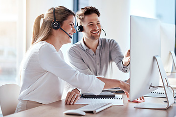 Image showing Computer, collaboration and customer service with a consultant team working in a call center for support. Teamwork, crm or contact us with a man and woman employee at work in a consulting office
