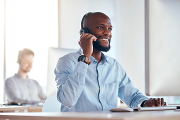 Image showing Call center, computer and listening with black man in office for customer service, technical support and advice. Technology, contact us and communication with employee operator in help desk agency