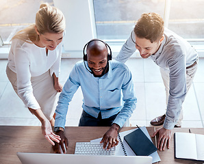 Image showing Call center employee training, help and business people in customer service with support and computer. Contact us, CRM and coworking top view with teaching and learning, coaching and collaboration