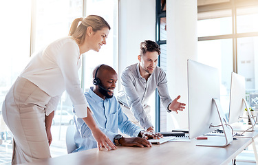 Image showing Call center team, group of people and help at computer, support in training or collaboration in customer service. Contact us, CRM and coworking with teaching and learning, coaching and communication