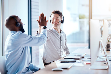 Image showing Call center team, men high five and computer with support and success, people make telemarketing sale and collaboration. Contact us, CRM and coworking with communication, teamwork and celebrate