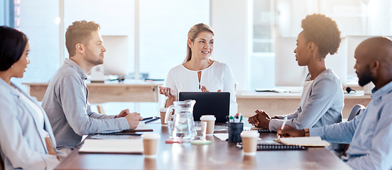 Image showing Business people, coaching and meeting in teamwork for planning, strategy or collaboration at office. Corporate woman in leadership talking to staff in team brainstorming or project idea at workplace