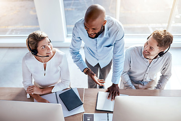 Image showing Call center employees in customer service training, help and business people working together with support. Contact us, CRM and coworking top view with teaching and learning, coaching and team leader