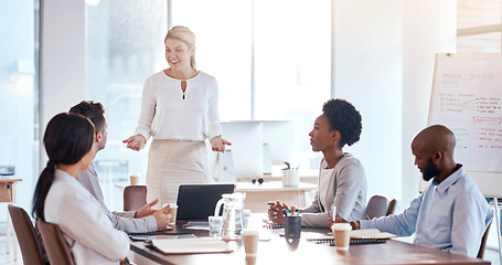 Image showing Business people, presentation and meeting for team collaboration, planning or idea strategy at office. Corporate woman coaching or training staff in teamwork, brainstorming or conference at workplace