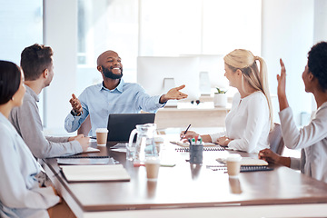 Image showing Meeting, question and collaboration with a businessman in the boardroom, talking to his team for planning. Teamwork, training and strategy with a black male employee asking a colleague for input