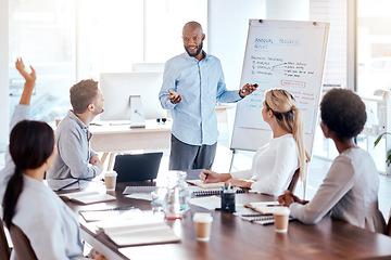 Image showing Presentation, coaching and question with a business man in the office, talking to a team about our vision. Meeting, teaching and information with an african american male speaker giving a workshop