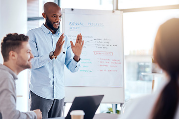 Image showing Presentation, coaching and whiteboard with a business man in the office, talking to a team about our vision. Meeting, teaching and information with an african american male speaker giving a workshop