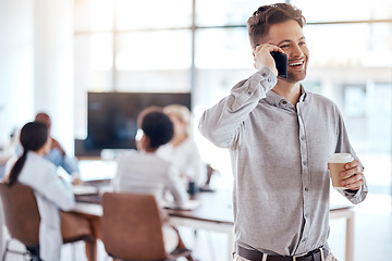 Image showing Happy businessman, phone call and meeting in conversation for team communication at the office. Male worker talking with smile on mobile smartphone for corporate discussion in boardroom at workplace