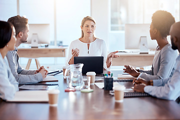 Image showing Business people, coaching and meeting in strategy, idea or team collaboration at the office. Corporate woman in leadership talking to staff in teamwork, brainstorming or project planning at workplace