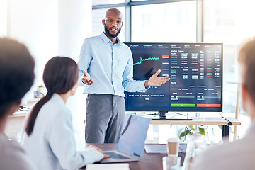 Image showing Black man, trader coach and screen with stock market dashboard, business people in meeting for training in trading. Cryptocurrency, finance with stocks information and presentation in conference room