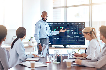 Image showing Black man, trading coach and screen with stock market dashboard, meeting with business people and trader training. Cryptocurrency, finance with stocks information and presentation in conference room