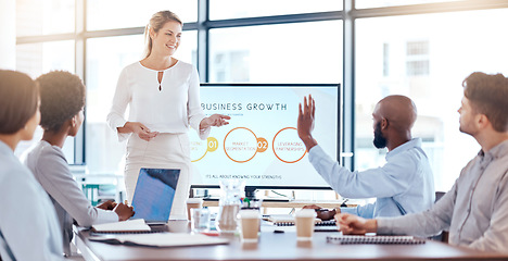 Image showing Woman, presentation board and black man with question for business growth, development or team discussion. Female ceo, speech or idea for company mission at conference with employee group in audience