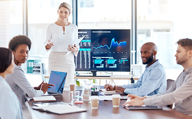 Image showing Woman, trader coach and screen with stock market dashboard, business people in meeting for training in trading. Cryptocurrency, finance with stocks information and presentation in conference room