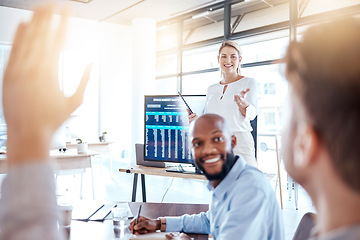 Image showing Business people, presentation and meeting with question for idea strategy or team collaboration at office. Woman coaching staff with raised hand for teamwork or brainstorming interaction at workplace