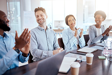 Image showing Congratulations, happy and business people clapping in a meeting for success, support and motivation. Smile, office and team of employees with applause for target goal, achievement and welcome