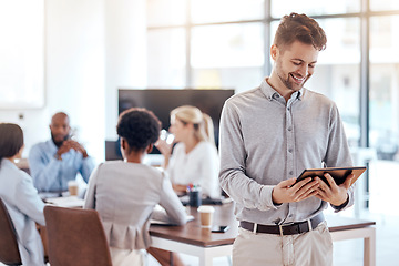 Image showing Happy businessman, tablet and meeting in team management or leadership at the office. Manager or leader of man holding technology for teamwork, collaboration or planning in boardroom at the workplace