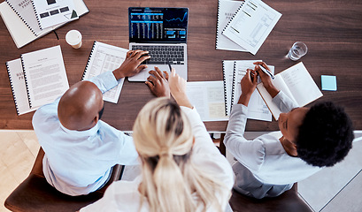 Image showing Trading, teamwork or laptop for business people in office for stock market, investment or data. Growth, chart or finance top view of employee diversity and review for economy, documents and digital