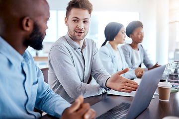 Image showing Manager, laptop and mentor helping black man, new worker or intern with project management, explain or leader managing. Computer, coaching and business people training in office, learning or teaching