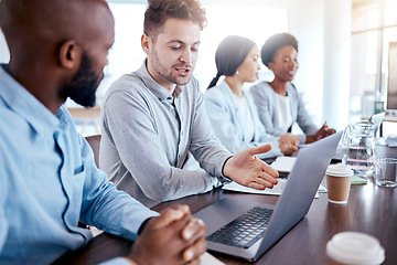 Image showing Laptop, coaching and business people training in office, learning and teaching. Manager, computer and mentor helping black man, worker or intern with project management, explain and leader managing.