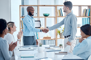 Image showing Business people, applause and handshake for partnership, deal or collaboration. Welcome, clapping and group of employees shaking hands for agreement, b2b or congratulations, opportunity and meeting.
