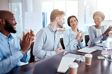 Image showing Support, happy or business people clapping in meeting for success, company onboarding or promotion. Smile, office or team of employees with applause for target goal, achievement or conference welcome