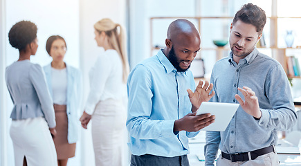 Image showing Collaboration, tablet and planning with business men talking in the office while discussing strategy. Teamwork, online and project management with a corporate team chatting about company mission