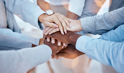 Image showing Business people, hands or solidarity stack for collaboration, team building or trust. Teamwork, huddle or group of staff with men, women and hand together for community, unity and support motivation