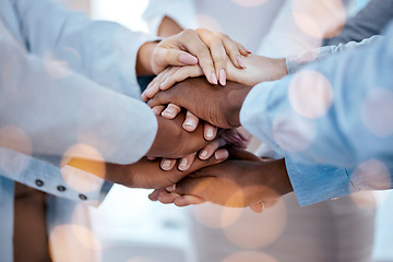 Image showing Business people, hands stack and solidarity for teamwork, team building or trust. Collaboration, huddle and group or staff of men and women with hand together for motivation, unity and support bokeh.