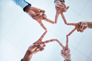 Image showing Star, shape and hands of business people with peace, team building motivation and below support. Meeting, about us and employee fingers together for solidarity, mission or creative work goal