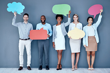 Image showing Staff group portrait, speech bubble and smile in office for social media, diversity or opinion by wall. Businessman, women and cloud poster for vote, recruitment or mockup with teamwork, idea or news