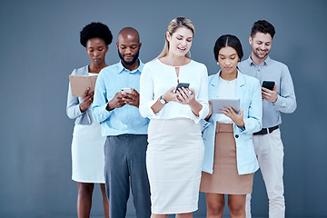 Image showing Business people, meeting and networking on technology for teamwork, collaboration or job search at office. Diversity group of employees standing in row for recruitment process, research or hiring