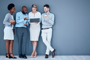 Image showing Business people, laptop and meeting in waiting room for recruitment, networking or webinar on mockup. Group of diverse employees standing in row with computer for hiring, interview or job search