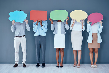 Image showing Business people, speech bubble and hide face in office for social media, diversity or opinion by wall. Businessman, women and cloud poster for vote, recruitment or mockup with teamwork, idea or news