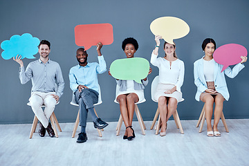 Image showing Employee group portrait, speech bubble and sitting in office for social media, diversity or opinion by wall. Businessman, women and chair for vote, recruitment or mockup on cloud poster, idea or news
