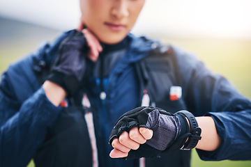 Image showing Pulse check, smart watch and woman hands in the countryside ready for fitness and exercise. Sports, training and runner time of a female athlete looking at workout app for health and wellness