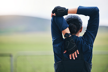 Image showing Sports, workout or female stretching arms for outdoor training in mockup race, marathon or competition. Fitness, health and back of a woman athlete runner doing a warm up exercise for nature running