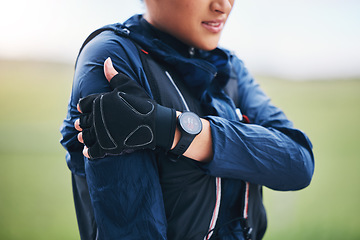 Image showing Closeup, fitness and woman outdoor, shoulder pain and muscle tension while training, workout and emergency. Zoom, female athlete and person with inflammation, broken and bruise with medical problem