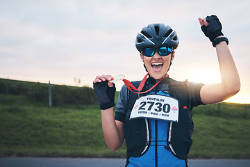 Image showing Celebrate, sport and portrait of happy woman with medal for winning outdoor cycling race or triathlon. Happiness, win and cyclist with smile, fitness and excited celebration for gold winner at sunset