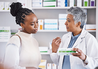 Image showing Doctor, consulting and patient for healthcare medication, prescription or diagnosis for cure, illness or pain at pharmacy. Woman medical pharmacist talking to customer about pills or drugs at clinic